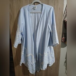Light Blue Open Front Cardigan with Lace Embroider Details Kimono Duster